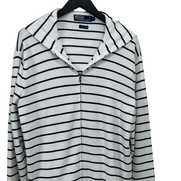 Polo Ralph Lauren Mens Cotton Navy & White Striped Polo Sweater With Hood Size L - Picture 3 of 5